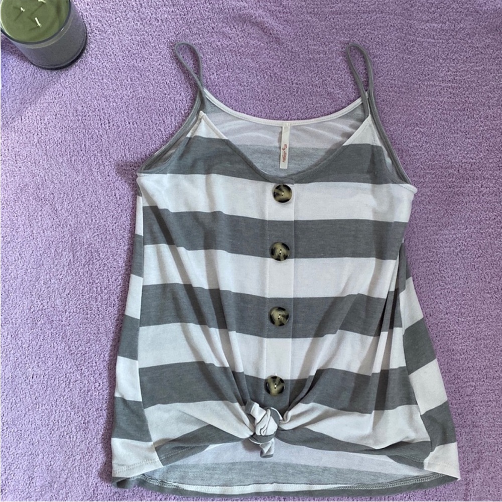 My story twist front tank gray and white stripe with buttons